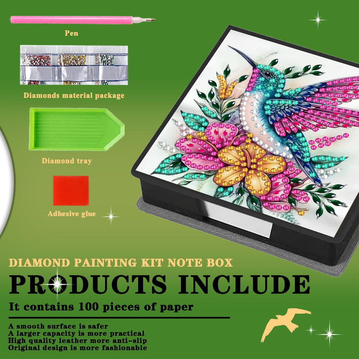 DOTZSO Diamond Art Kits for Adults Sticky Note Holder, Diamond Painting Notes Box Diamond Dots Decoration Gem Arts and Diamond Office Desk Supplies Contains 160 Sheets of Paper Hummingbird