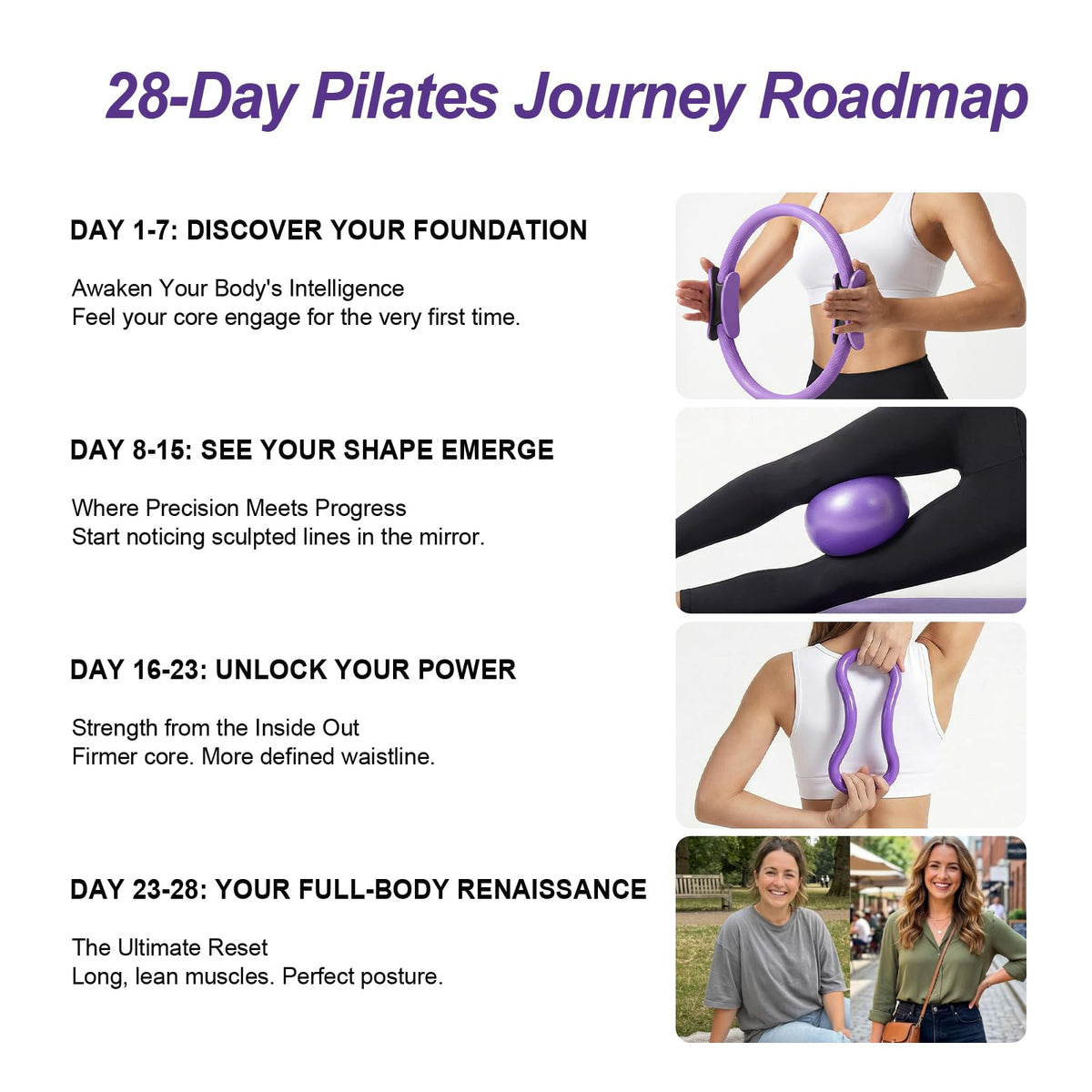 ElaraFit Home Pilates Ring and Ball Set for Women with 5 Resistance Bands 13 inch Magic Circle Workout Starter Kit for Beginners Full Body Toning 15 Min Daily Routine,Purple Mix