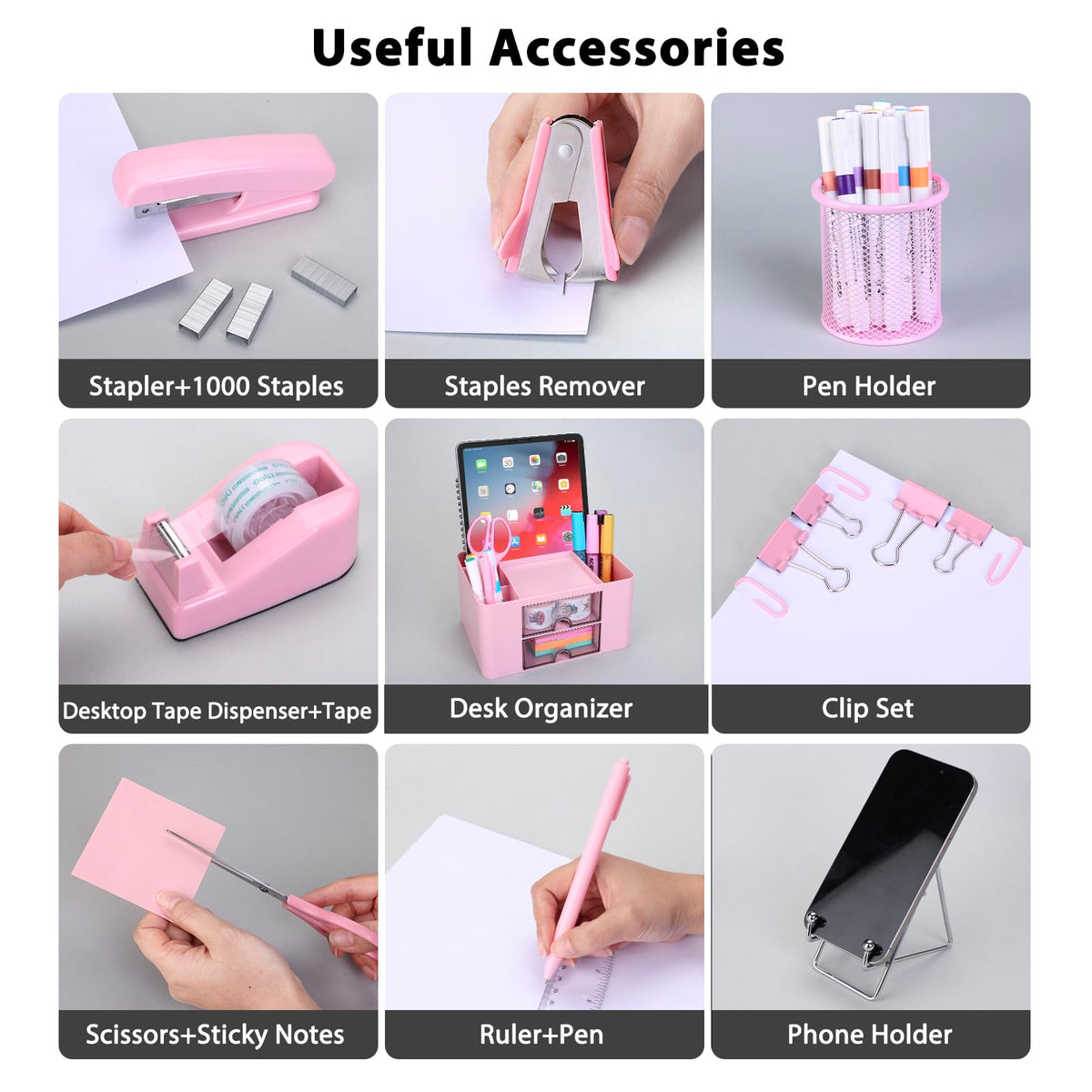 Pink Desk Organizers and Accessories 12+1Pcs, Office Supplies for Desk, Pen Organizer with 2 Drawers with Stapler,1000 Staples, Phone Holder, Tape Dispenser, Pen Holder, Sticky Note, Clips, Ruler,Etc