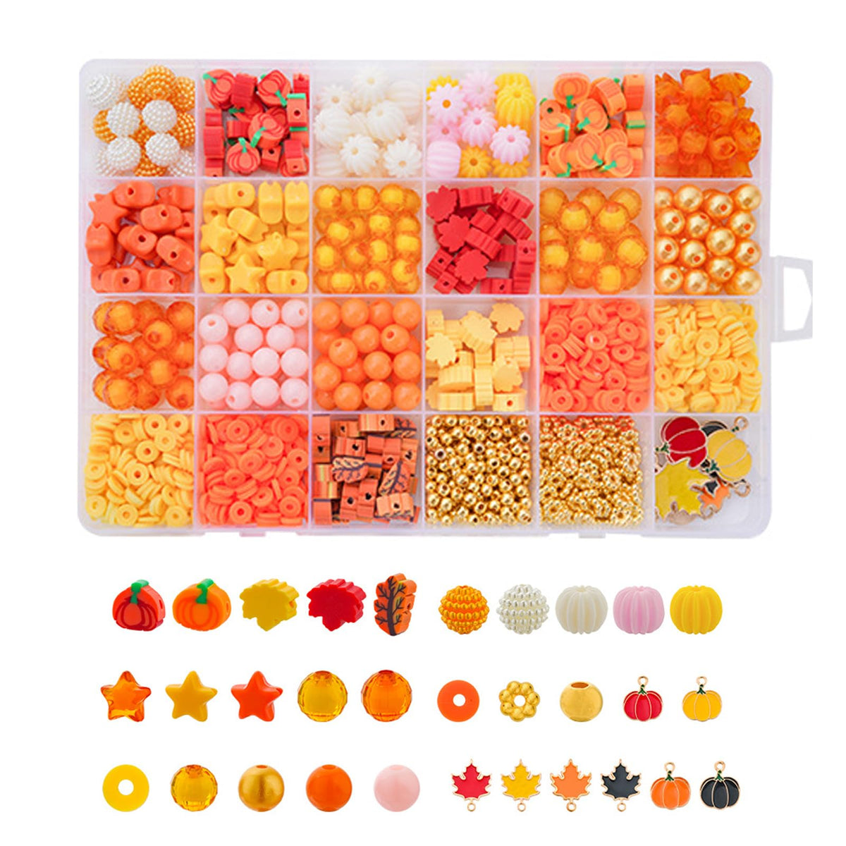 1608Pcs Fall Beads Thanksgiving Jewelry Making Kit - Autumn Polymer Clay & Acrylic Charms for DIY Crafts: Maple Leaf, Pumpkin, Pearl, Star, Round Spacer Bead Mix (Yellow)