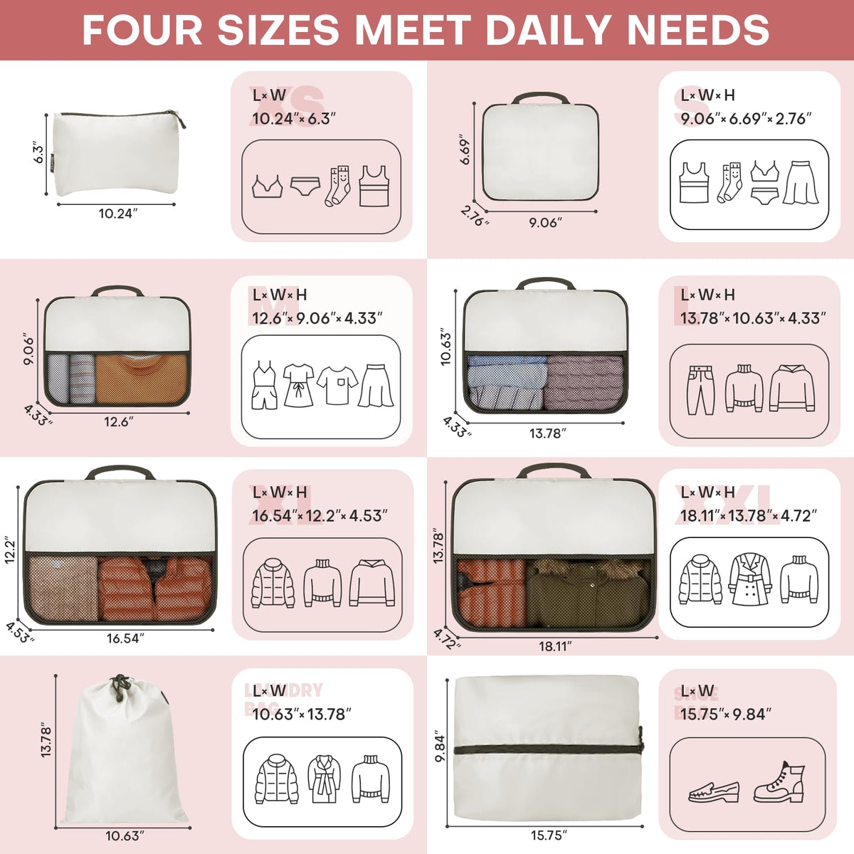 SDGFUI 8 PCS Compression Packing Cubes for Travel Women, Compression Bags Organizer for Luggage Space Saving Travel Essentials and Carry on, Luggage Organizer Bags for Suitcase - Beige