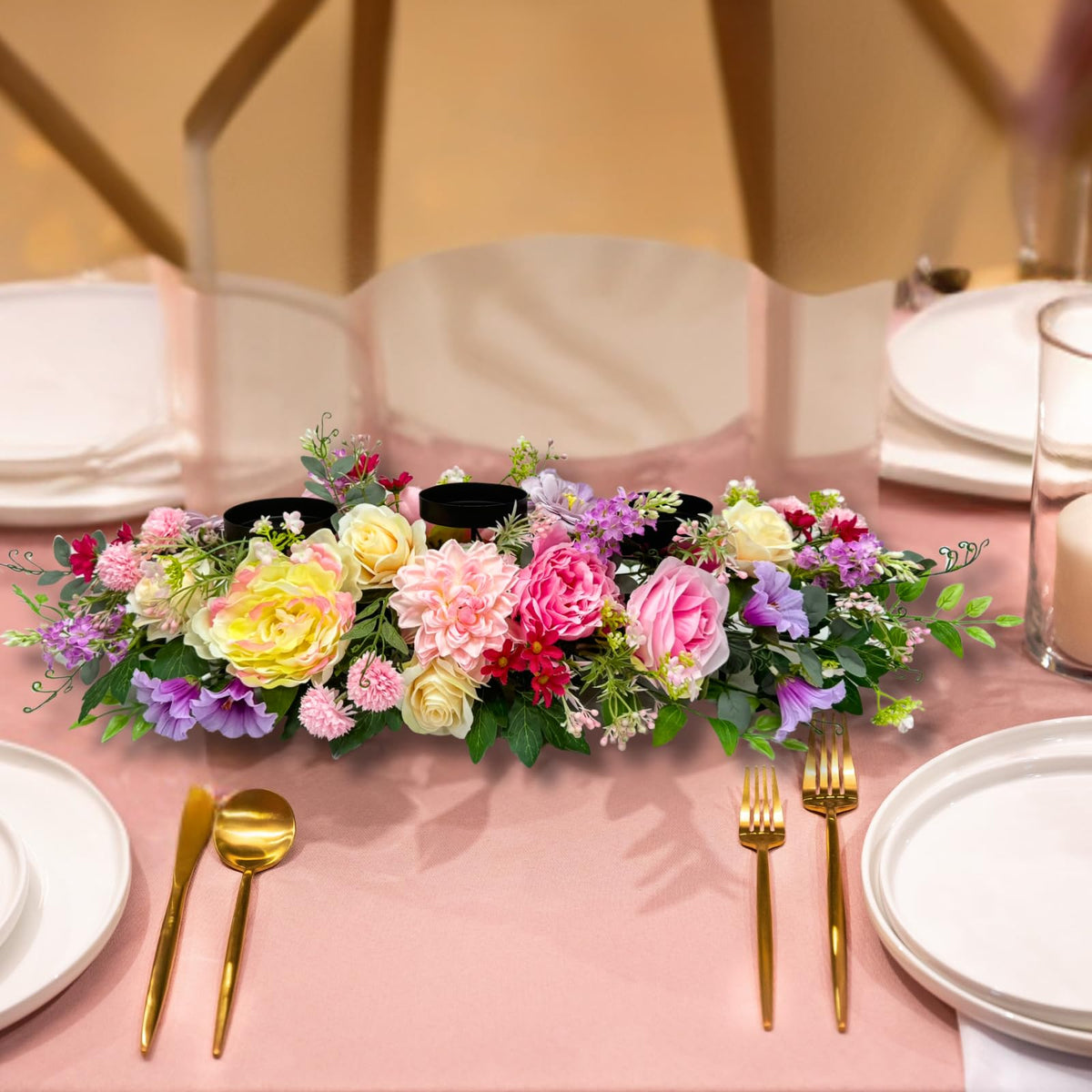 Svndlyn Candle Holder Centerpiece for Table Artificial Peonies Flowers,Rose Flowers and Morning Glory for Wedding Party Table Centerpieces Mixed Flowers Floral Arrangement Home Kitchen Decor
