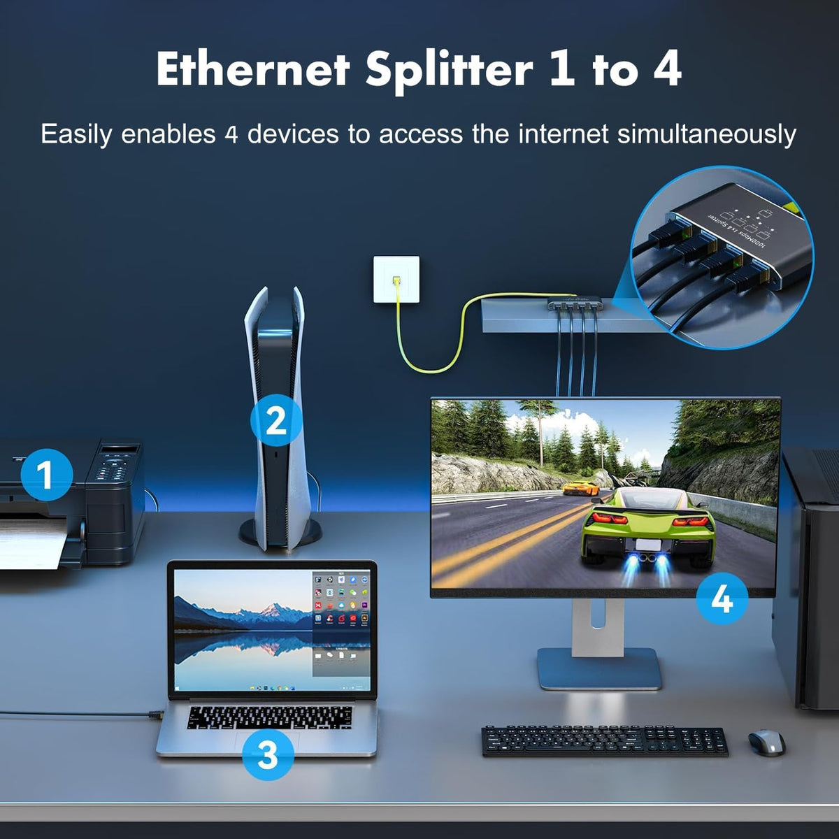 Siawclub 1 4, 1000Mbps RJ45 4 Cat5/5e/6/7/8 Ethernet Splitter to High-Speed Internet Splitter, Gigabit Port Router