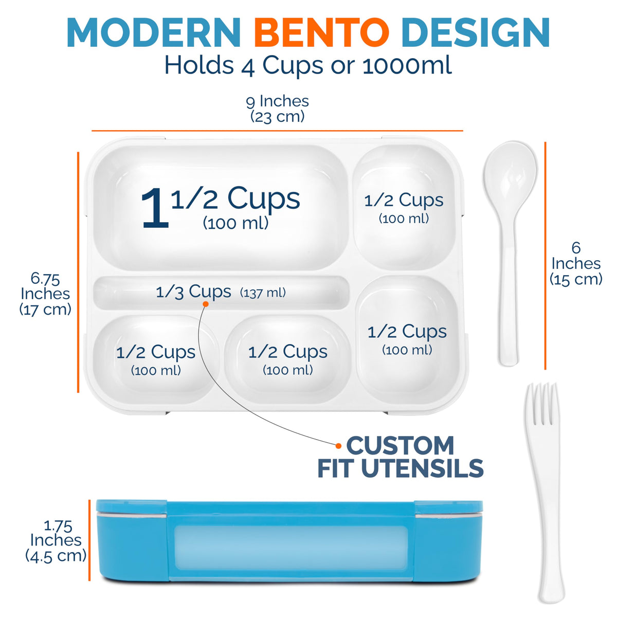 Bento Box Lunch-Box for Kids Adults, Snackle Box Snack Containers for Toddlers Daycare, Leakproof School Bentobox, 6 Section Meal Container for Boys Girls Women Lunches, BPA Free Utensils, Blue