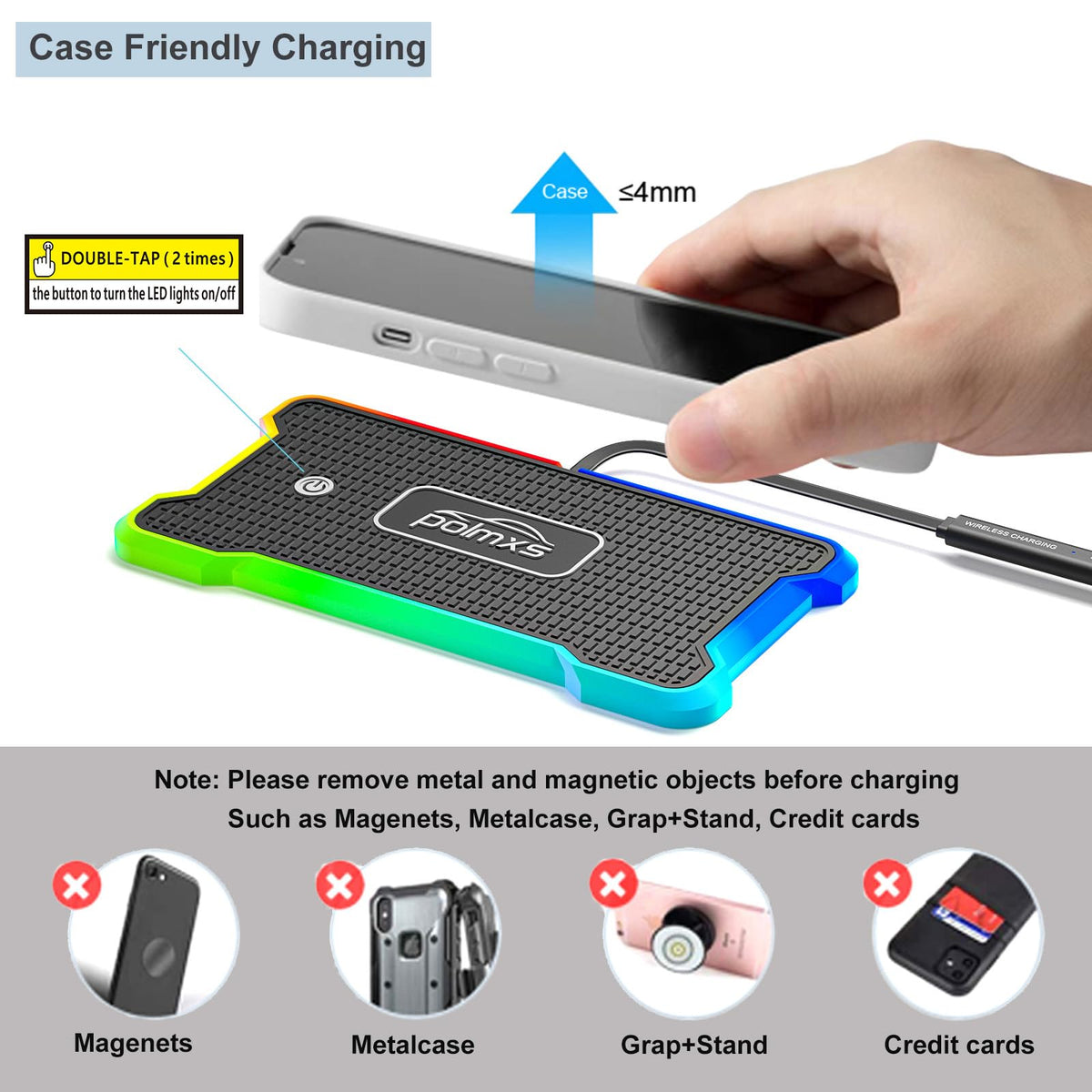 Wireless Charger Car Fast Charging pad, POLMXS Wireless Phone Charger Cell Phone RGB Light up Cordless Charging mat Compatible with iPhone 11/12/12/14/15 Galaxy S21/S22/S23/24 Airpod (C15 PAD)