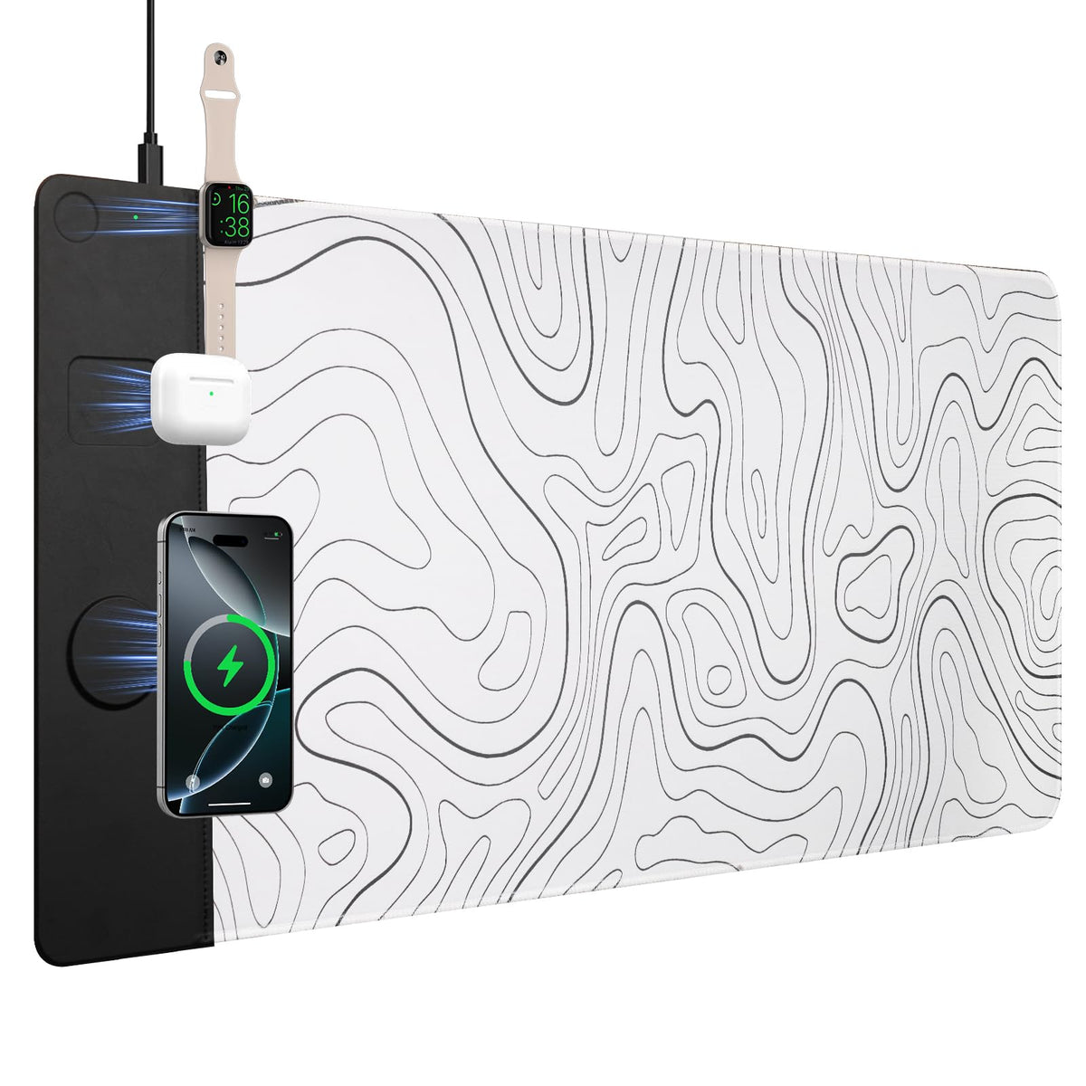 VOVIPO 3 in 1 Wireless Charging Mouse Pad, Desk Mat with Wireless Charger Multiple Devices Compitable with Watch/iPhone, White Topographic Large Desk Mat(90 x 40cm) for MacBook, PC, Laptop