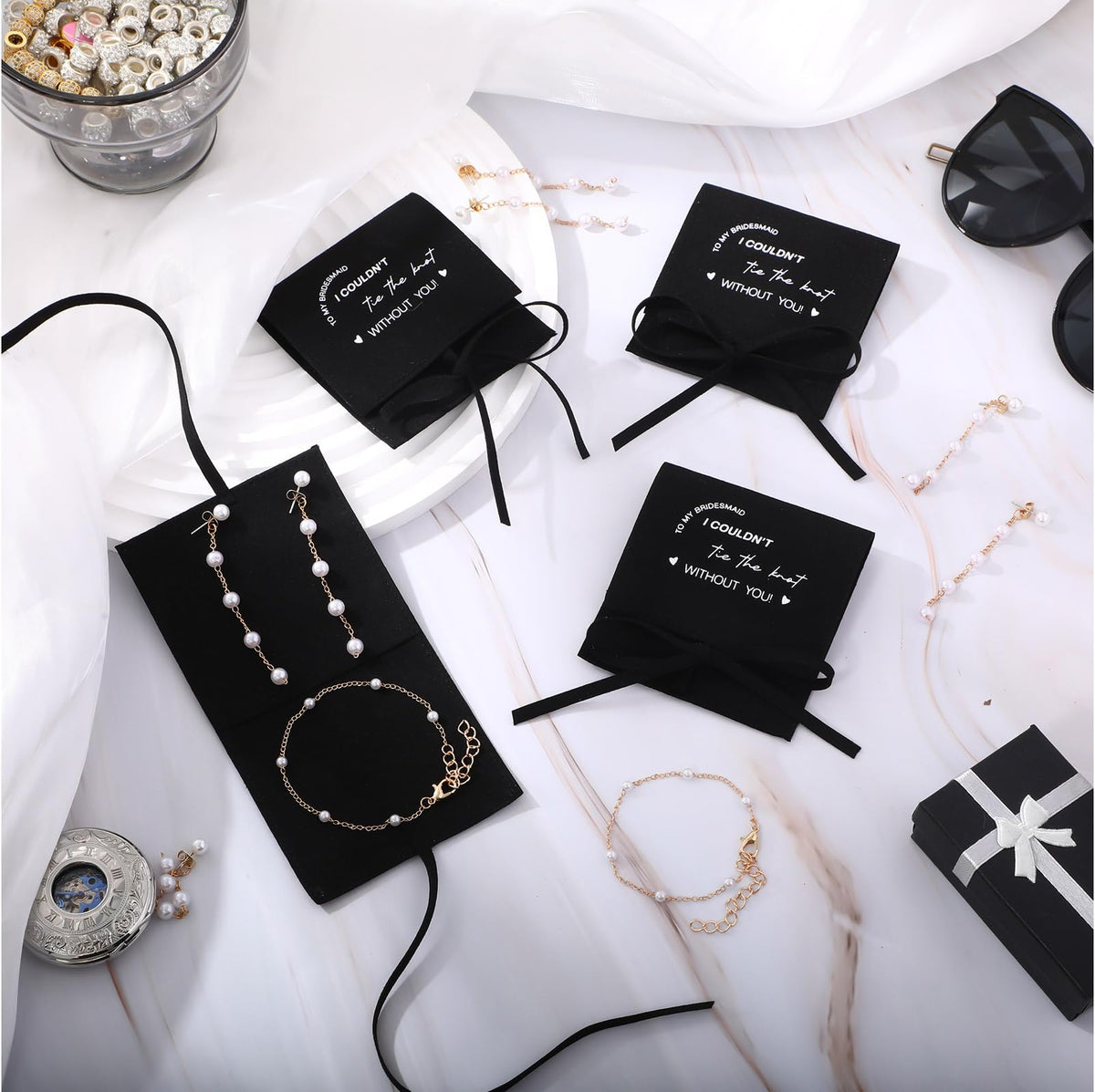Liliaafar 24 Pcs 8 Set Jewelry Bridesmaid Gift Pearl Set Pearl Bracelet & Earrings, Jewelry Pouch with Bow Tie I Couldn't Tie The Knot Without You Wedding Bridal Shower Party Favor(Black)