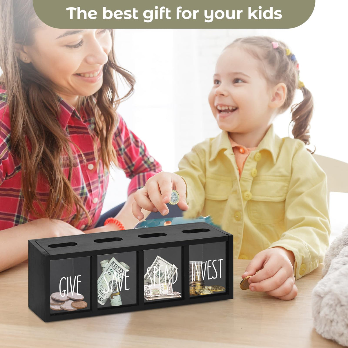 Wooden Give Save Spend Invest Money Saving Box for Kids, Countertop Kid Piggy Bank for Daily Cash, Wall-Mount Kids Banks for Bills and Coins, Visualized Piggy Bank for Living Room, Laundry Room