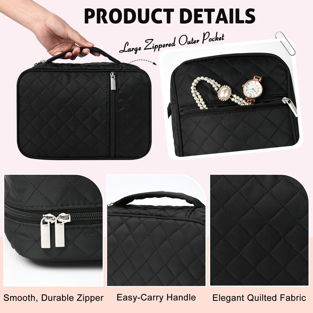 CEELGON Travel Jewelry Case Organizer and Storage Quilted Jewelry Pouch Box for Traveling Ring Necklace Earring Holder with Velvet Jewelry Binder Mini Portable Jewelry Bag (Black)