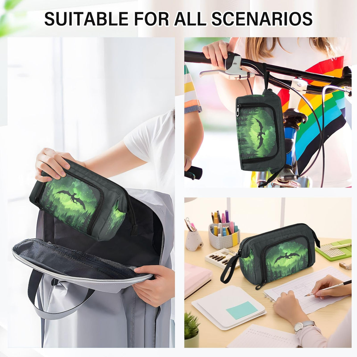 Sletend Cool Dragon Green Pencil Bag Pencil Case for Teen Boy Girl, Big Capacity Pen Bag Zipper Pencil Pouch with Handheld Aesthetic Pencil Pouch with Print School Office Pencils Stationery