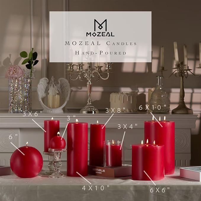 MOZEAL 3" x 4" Hand-Poured Unscented Candle,Dripless Pillar Candle Set of 3,Long Clean Burning,Approx 72 Hours Burn Time,Rustic Country Style,Wedding,Dinner,Christmas and Home Decor,Red