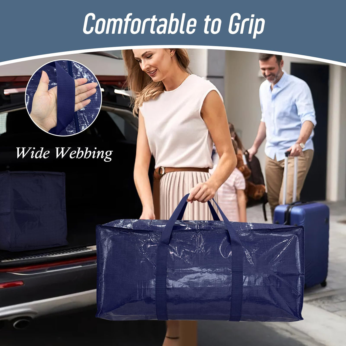 12 Pack Extra Heavy Duty Large Moving Bags with Strong Zipper & Comfortable Handles, Sturdy & Durable Clothes Storage Bags Totes Bins, Packing Moving Boxes for College Supplies, Dark Blue