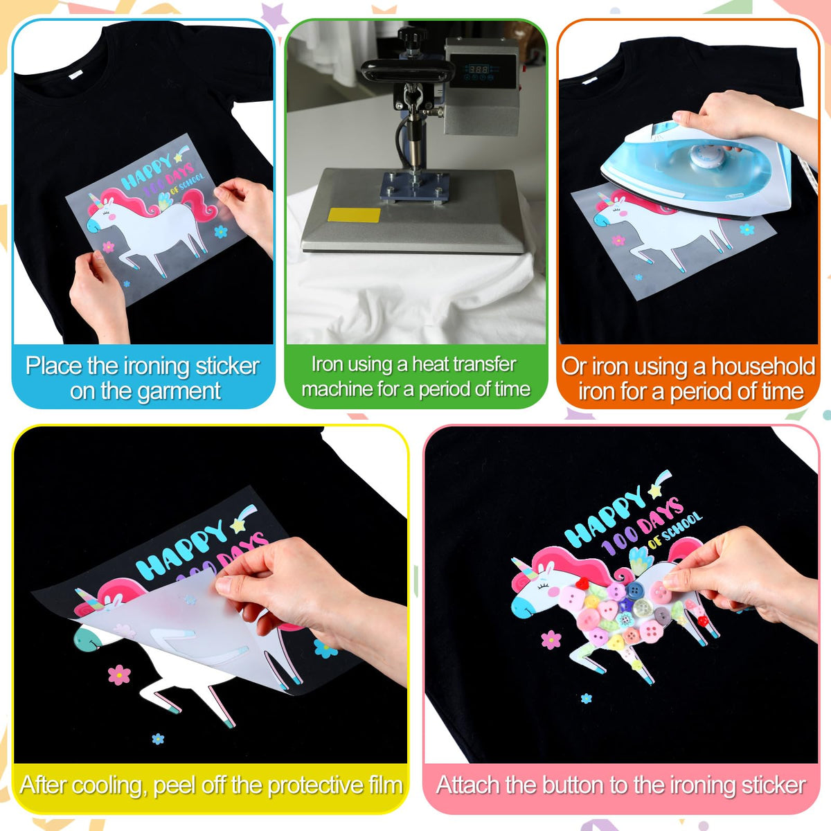 Suncalla 12 Sets DIY 100th Day of School Iron on Decals Craft Kit with Patches Buttons Machine Ice Cream Caterpillar T Shirt Dot Stickers for Kids DIY Art School Party Activity Creative Supplies
