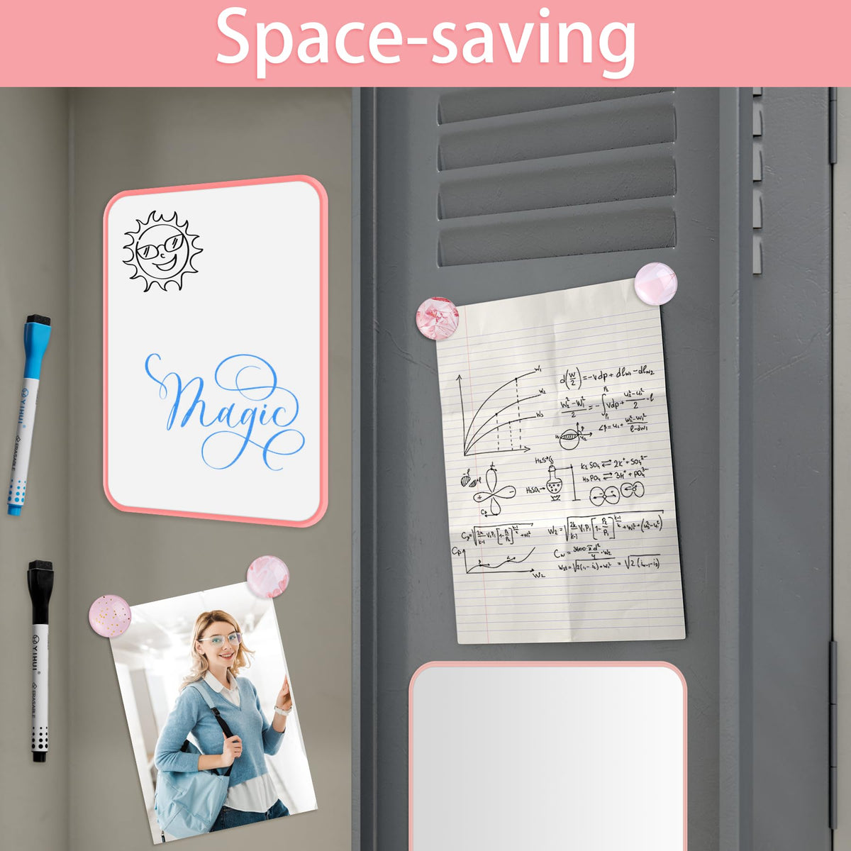 HAUTOCO Locker Accessories Kit, Back to School Essentials 10 Pieces Locker Organizer Supplies for School Work, Includes Whiteboard, Mirror, Magnetic Dry Erase Markers Holder and More, Pink