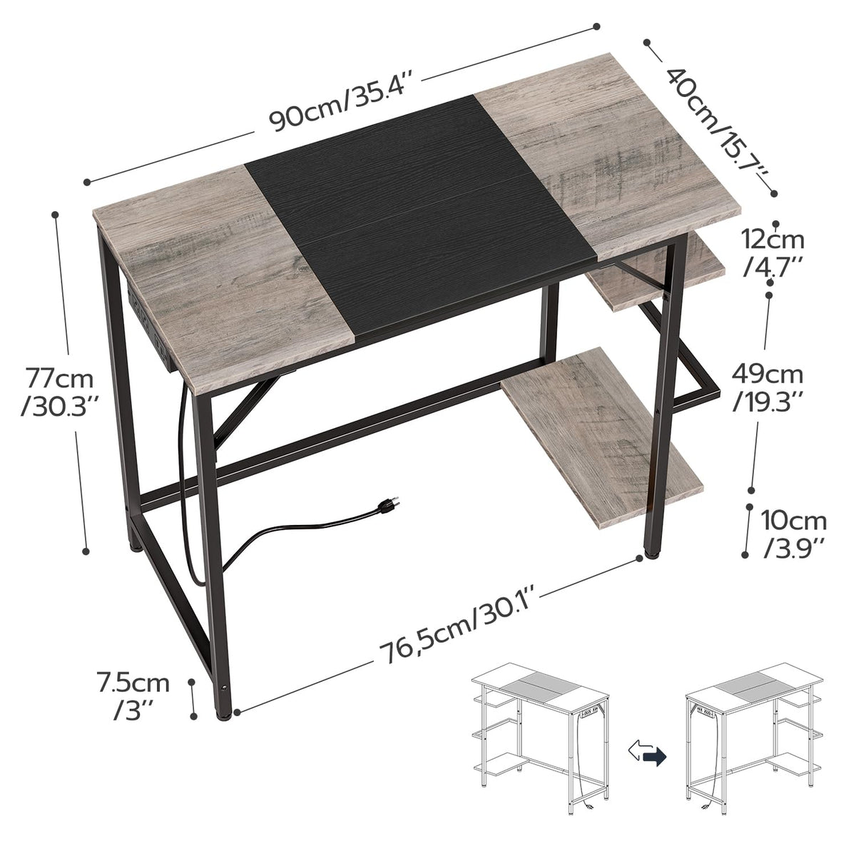 HOOBRO Computer Desk, Home Office Desk with Power Outlet, Writing Desk with 2 Shelves, Modern Small Desk for Home Office, Study, Easy to Assemble, Charcoal Gray and Black BG43UDN01