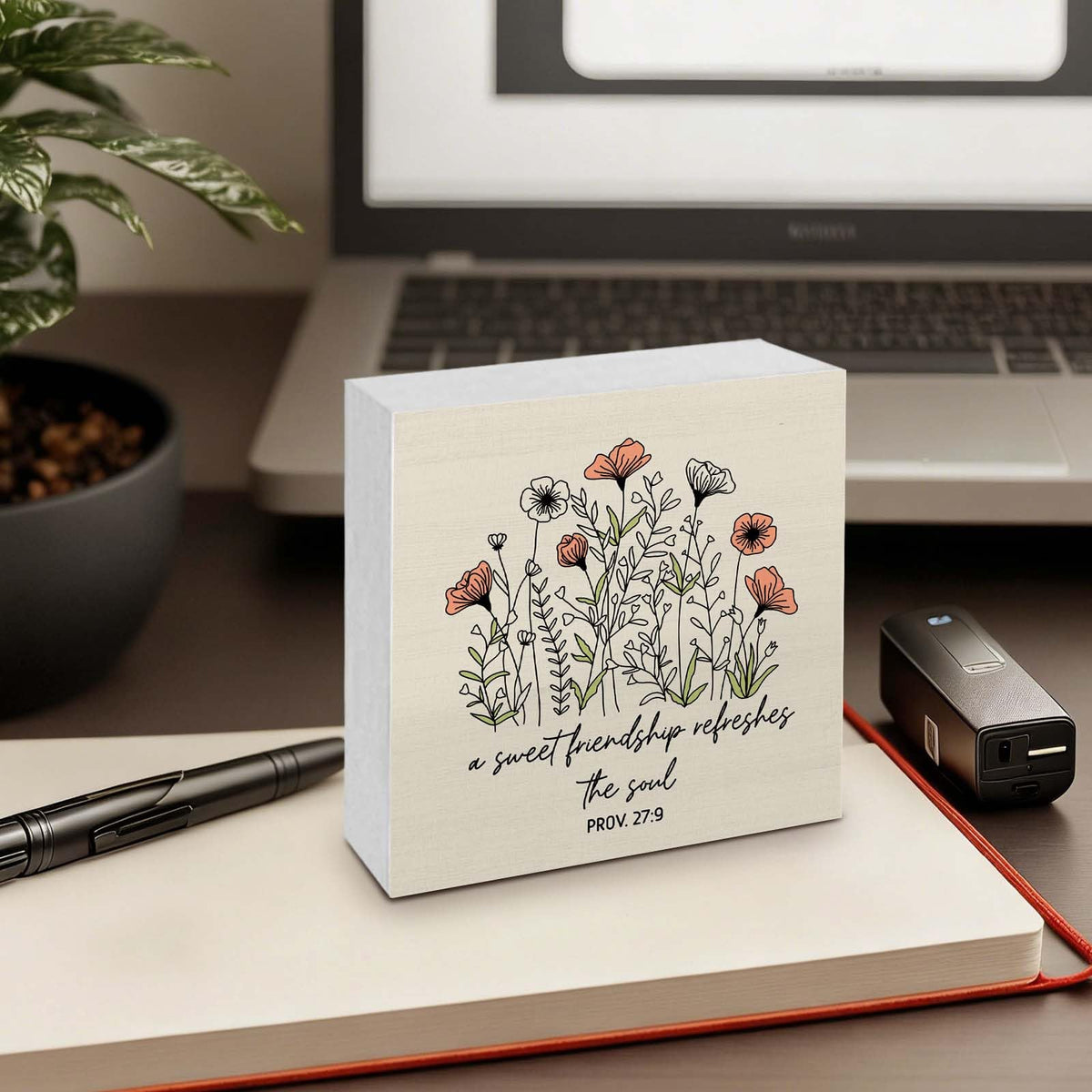 GWOKPAAI Christian Friendship Floral Wooden Box Signs Desk Decor, Christian Gifts for Women,a Sweet Friendship Refreshes the Soul Wooden Sign Desk Decorations for Home Room Tabletop Shelf Wall,5x5in