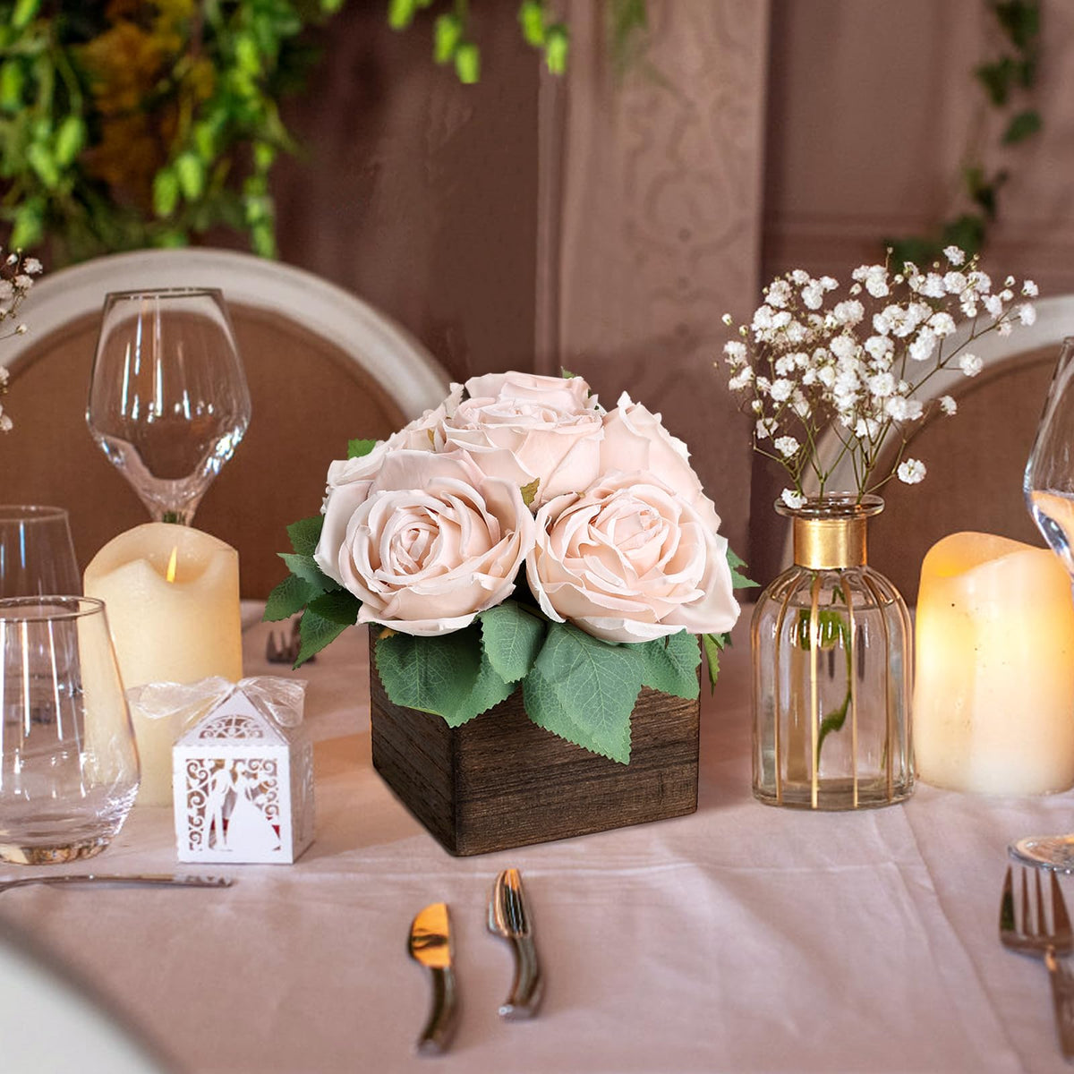 DIYDOFUN Dining Table Centerpiece Set of 6 - Pre-Made Aritifial Rose with Wooden Vase Fake Floral Arrangment Faux Flower for Wedding Bridal Tea Party Event Decorations - Boho