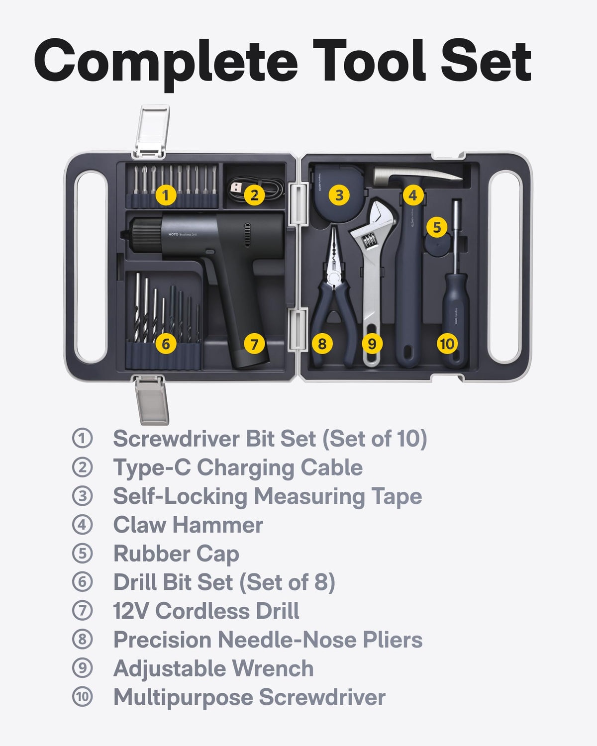 HOTO Cordless Brushless Drill Tool Set, Variable Speed, Hidden Buckle, Unique LED Screen, Intelligent Digital Display, Exquisite & Practical, High-end Drill Kit for Home/Daily Use