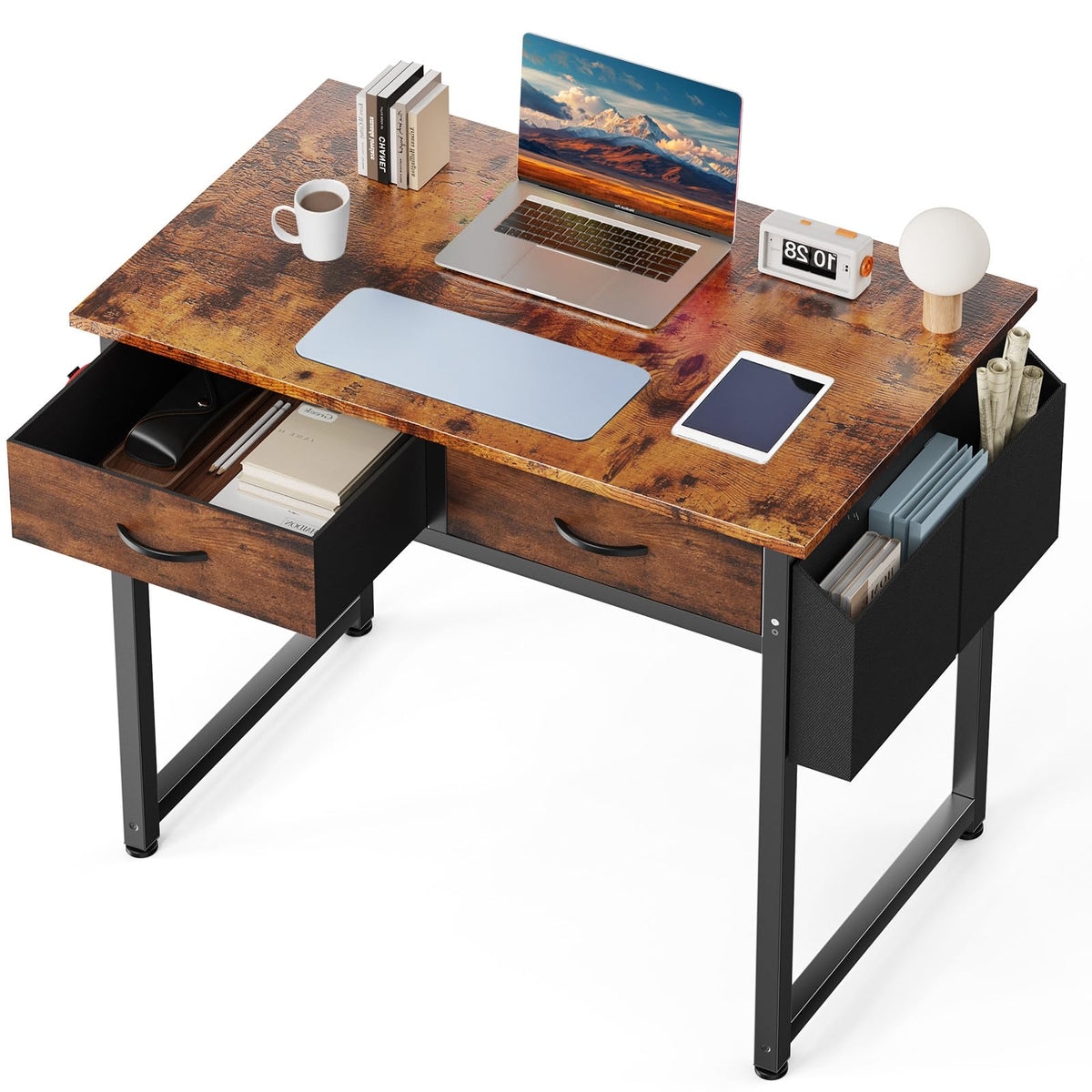DUMOS 32" Home Office Computer Desk with Drawers, Small Gaming Writing Study Table with Storage Side Bag, Headphone Hook and Adjustable Feet for Bedroom Rustic Brown