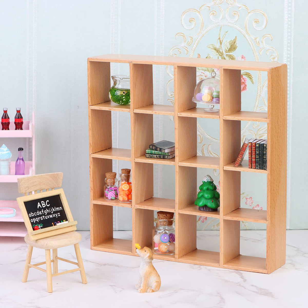 1: 12 Dollhouse Miniature Wooden Storage Rack 16 Grid Shelves Doll House Wall Rack Bookshelf Display Dollhouse Furniture Accessories