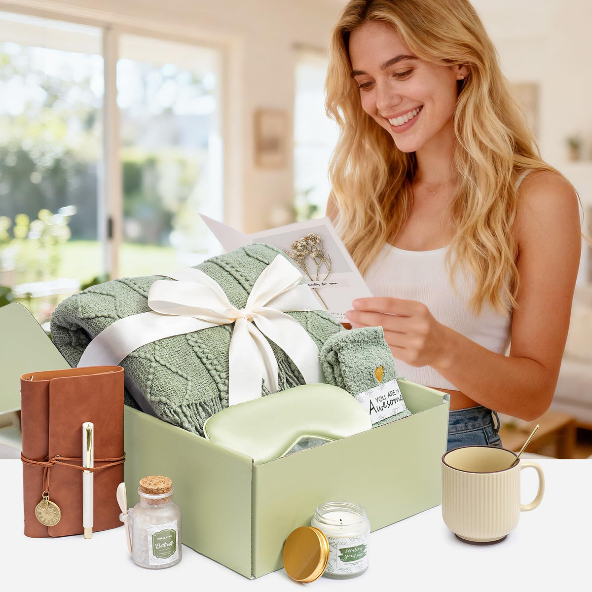 CuriBox Mothers Day Get Well Gifts for Women Self Care Gift Basket - Birthday Gifts for Women Spa Care Package - Sympathy Inspirational Easter Day Gift Baskets for Her Mom Friend Wife (Sage Green)