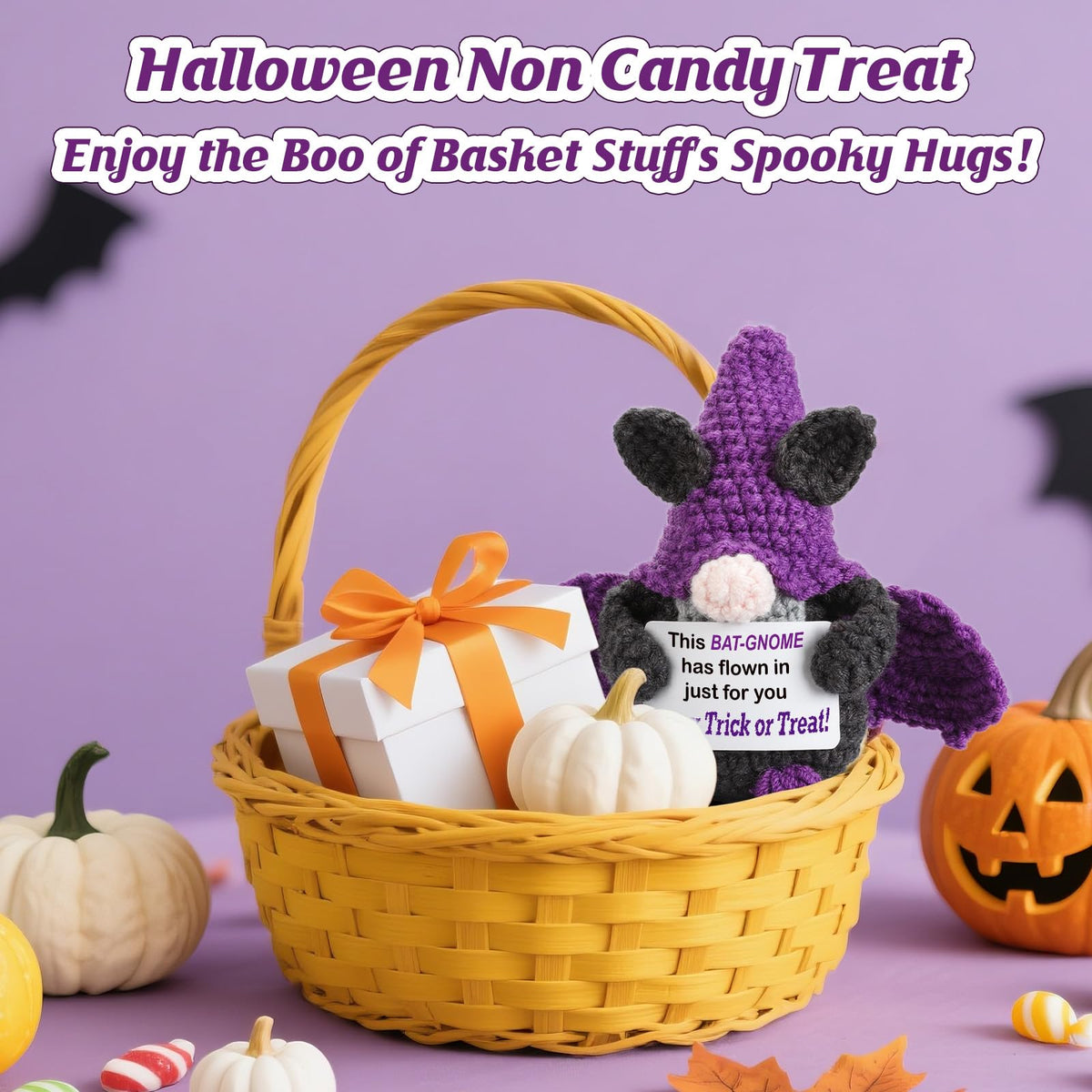 Weming Halloween Treats Non Candy, Crochet Purple Bat Gnome with Greetings, Halloween Toy Gifts, Goodie Bag Stuffers in Treat Bag & Boo Basket