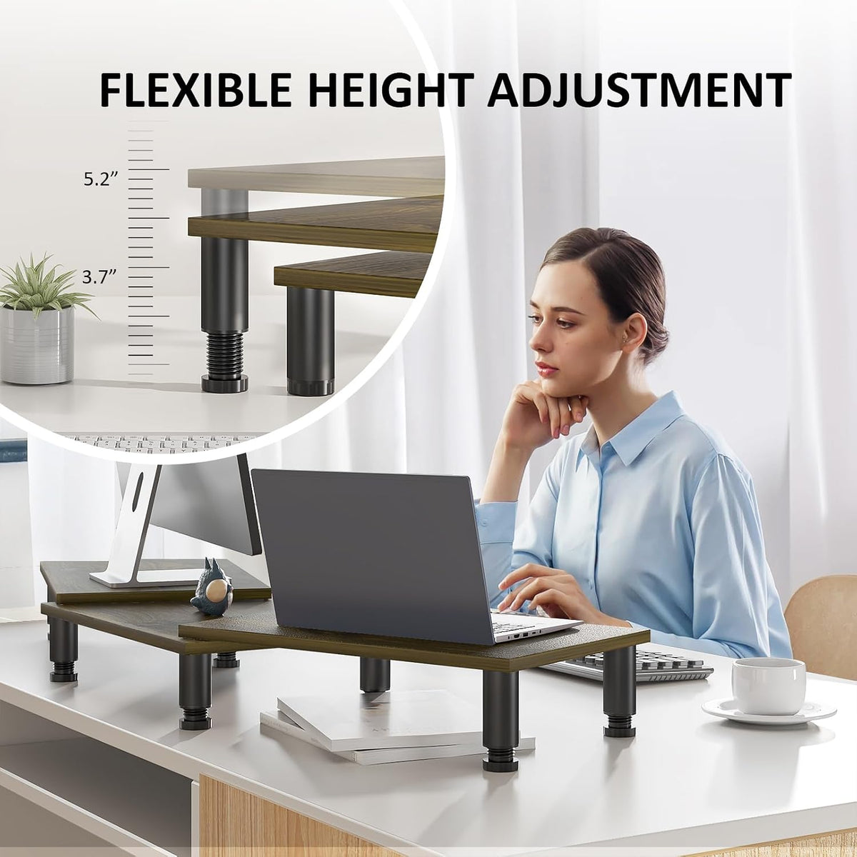 2 AX WABER Dual Monitor Stand Riser, Monitor Stand with Adjustable Length and Angle, Wood Monitor Stand for Desk