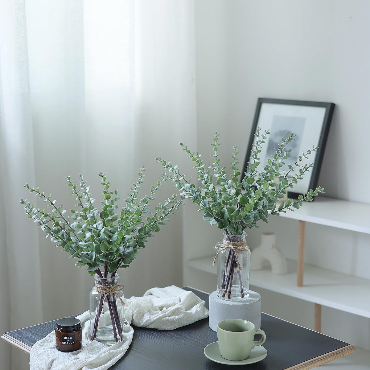 VIERENA 17.5" Artificial Eucalyptus Stems in Glass Vase with Faux Water,Fake Plant Eucalyptus Leaves White Seeds for Centerpiece Table Decorations Farmhouse Wedding Home Greenery Decor (Sage Green)