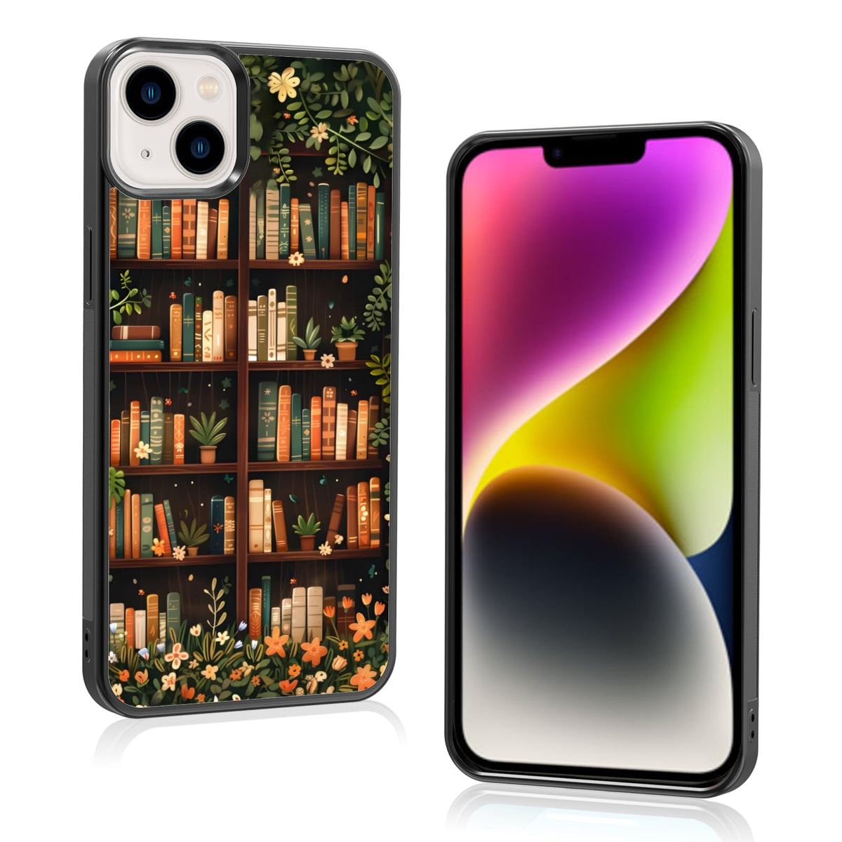 Aesthetic Floral Bookshelf Book Phone Case Compatible with iPhone 14 Plus Case 6.7 Inch, TPU Shockproof Protection Vintage Flowers Bookish Art Reading Book Lover Gifts Phone Case for Girl Women Cover