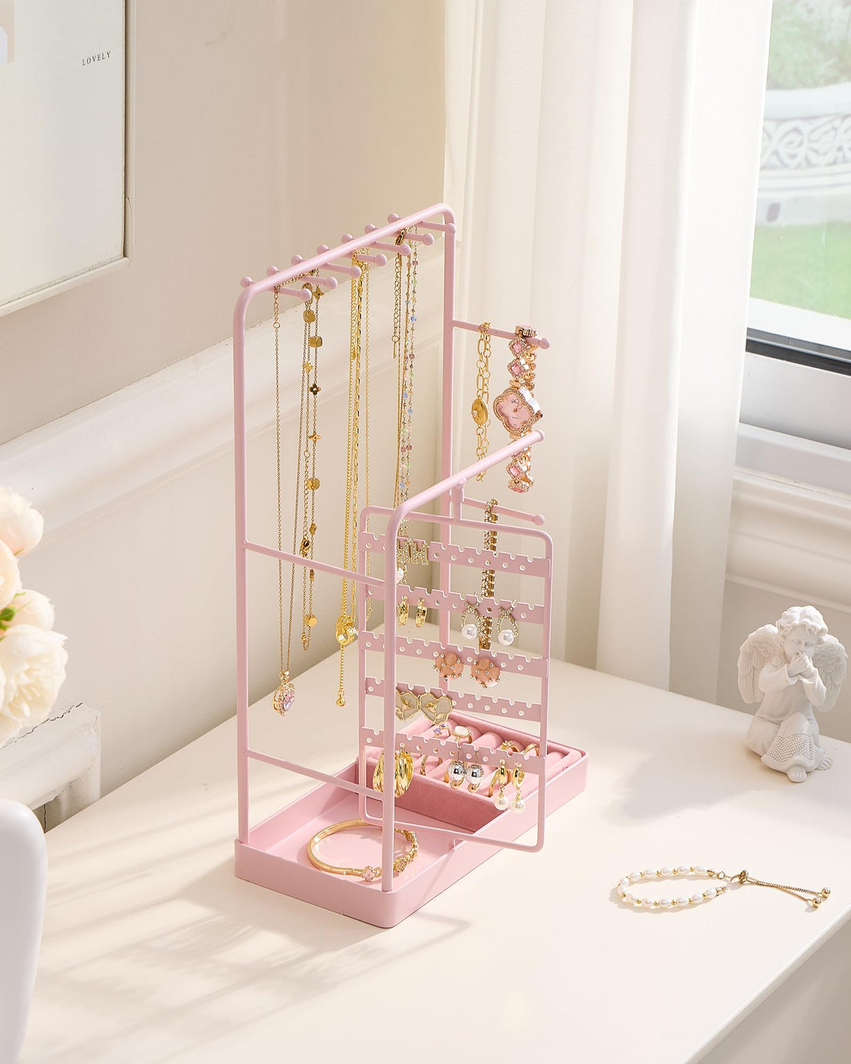 ProCase Jewelry Stand Holder Organizer, Jewelry Display Storage with Ring Tray, Rotating Earring Bracelet Necklace Holder, Valentine's Gifts Room Dorm Decor for Teen Girls -Pink (No-Assembly)