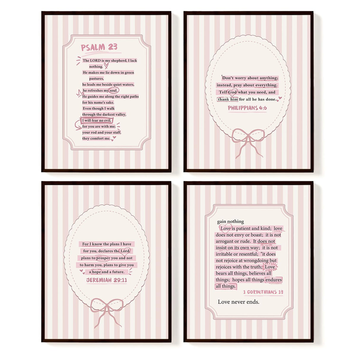 SkyCozy Pink Christian Wall Art Set of 4, Trendy Preppy Inspirational Bible Verses Wall Art Prints Dorm Decor for College Girls, Teen Girl Room Decor，Clean Girl Room Decor 8x10 (Unframed)