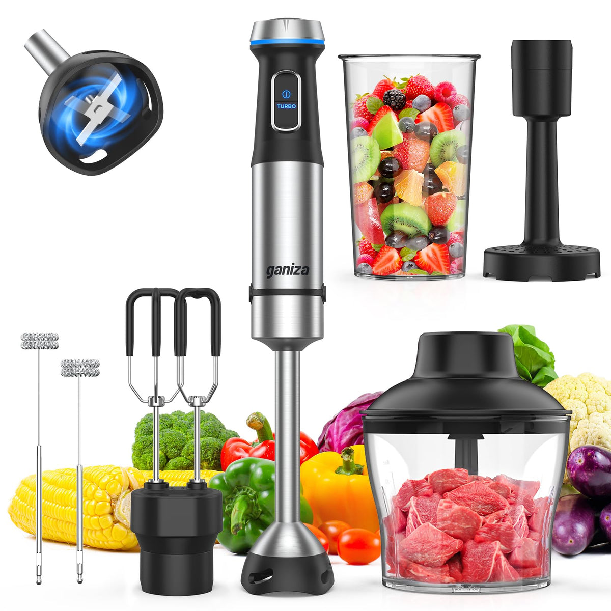 Ganiza Immersion Blender Handheld, 6 in 1 Hand Blender Stainless Steel Blade, 15 Speed Stick Blenders Electric, 800ml Mixing Beaker, 600ml Chopper, Whisk, Frother, Potato Masher