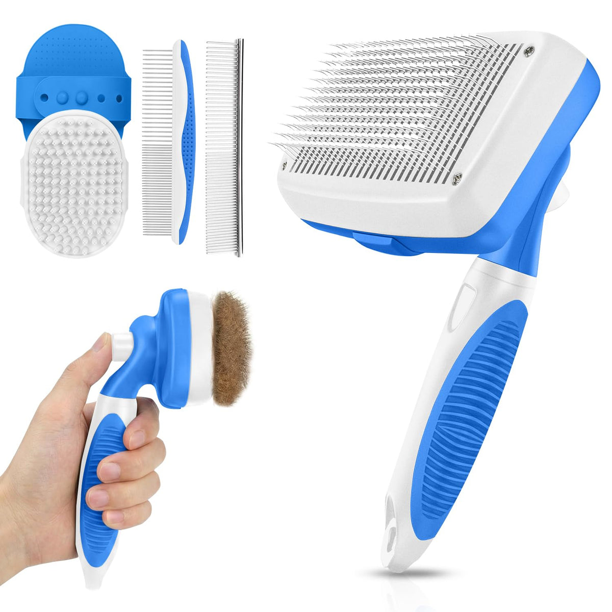 Self Cleaning Shedding Brush - 5-in-1 Professional Pet Grooming Kit Skin Friendly Grooming Tool for Dogs, Cats, and Puppies, Deshedding and Hair Removal for Long and Short Haired Pets（Blue-White）
