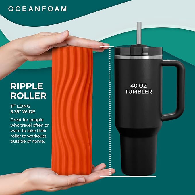 Oceanfoam Ripple Travel Foam Roller (11" x 3.35") Firm Mini Foam Roller for Physical Therapy, Deep Tissue Massage, Back Pain - High Density, Ergonomic Wave Textured - Yoga, Pilates, Exercise (Orange)