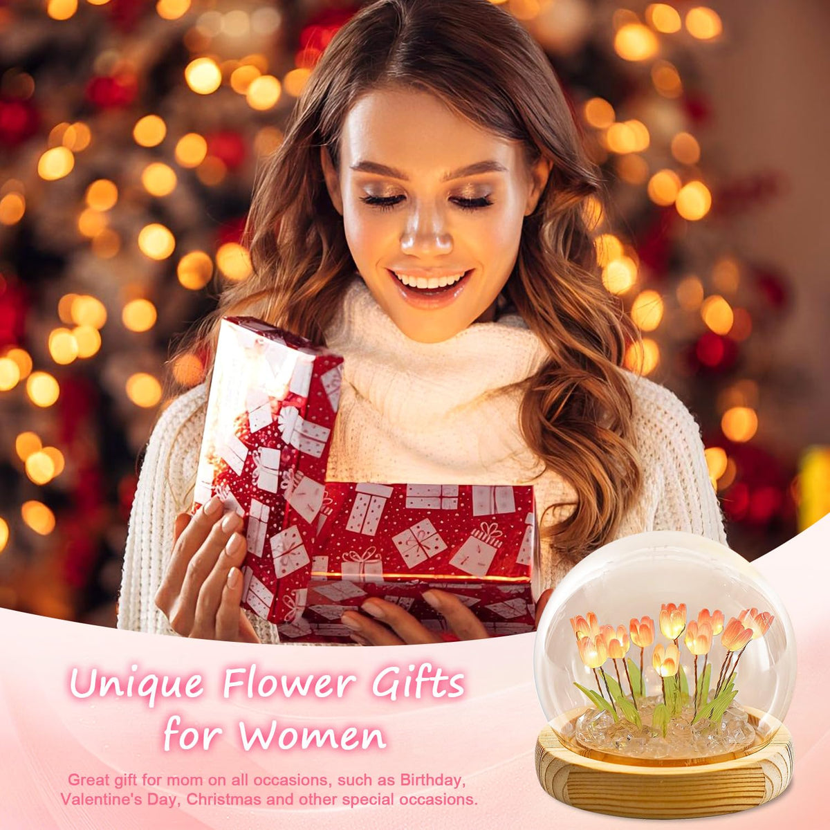 Lifnatty Mothers Day Tulips Gifts for Women – Tulip Lamp with Glass Dome, Birthday Gift for Girlfriend, Wife, Mom, Battery Operated LED Flower Night Light for Bedroom, Home and Table Decor