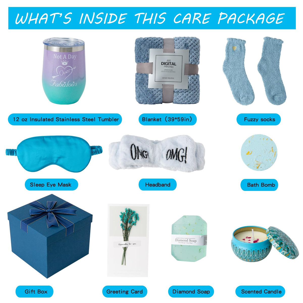 Gifts Basket for Women,Birthday Gifts for Women Birthday Presents Friendship Gifts Get Well Soon Gifts Self Care Package Gifts Blue Gift Box Relaxing Set Unique Gifts with Blanket for Mom,Wife,Sister