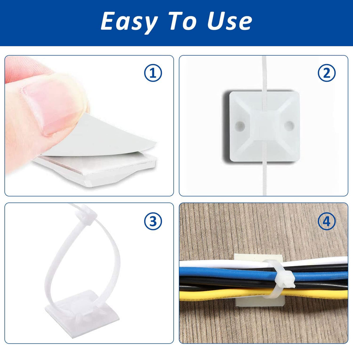 CZXNBI 50 Set 6" Strong Back-Glue Self Adhesive Cable Zip Tie Mounts Kit - Cable Management Clips with Zip Ties, Wire