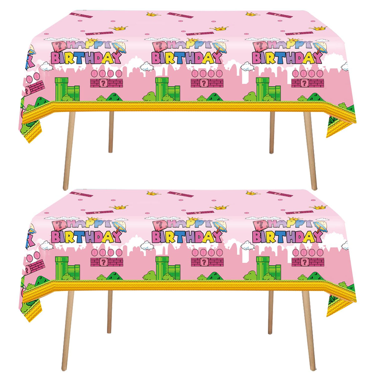 USERTEN 2Pcs Super Brothers Adventure Party Tablecloths 108 x 54 inches Video Game Theme Plastic Table Cloth Fits for Princess Peach Girl Birthday Party Decoration Pink Disposable Tablecover Supplies