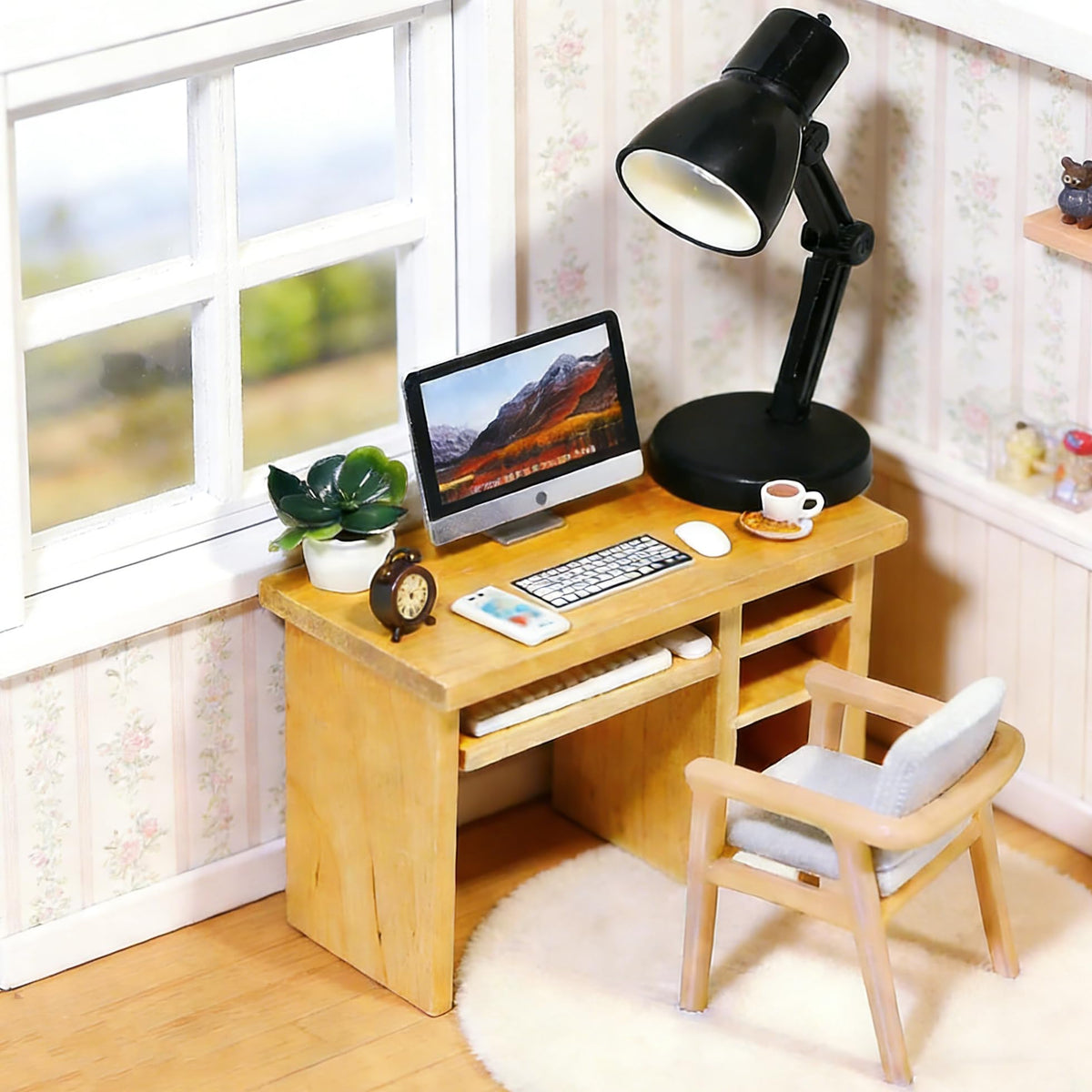 Hiawbon 11PCS 1:12 Scale Miniature Office Furniture Set, Miniature Office Table and Chair, Mini Simulation Desktop Computer with Mouse Keyboard Model Simulation Accessories for Mini House