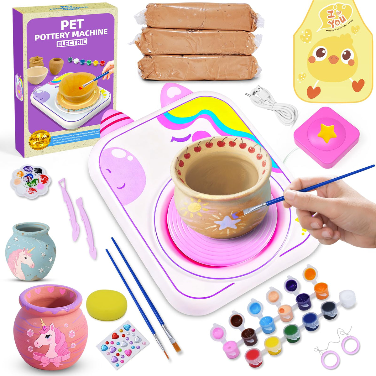 Pottery Wheel for Kids, Girls Arts and Crafts Toys for Kids Ages 8-12,Pottery Craft Kit with 3 Pack Air-Dry Clay, Art Supplies for Kids Toys Girls Birthday Gift for 6 7 8 9 10 11 12+ (Purple)