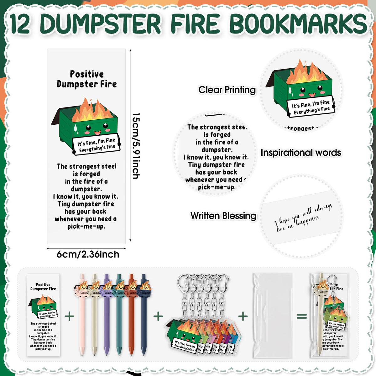 Sayglossy 12 Sets Dumpster Fire Funny Coworkers Gifts Ballpoint Pens Acrylic Keychains and Bookmarks Social Worker Gifts for Volunteer Nurse Teacher Administrative Professional Office Employee Team