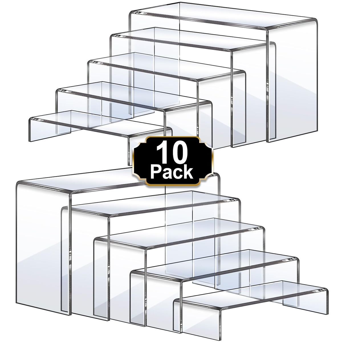 Aheroi Large Acrylic Risers, 10 Pcs 2 Set(7”L~8”L~9”L) Riser Display Shelf, Clear Rectangular Display Stands Set, Transparent Shelves for Decor, Showcase Holder for Cupcake