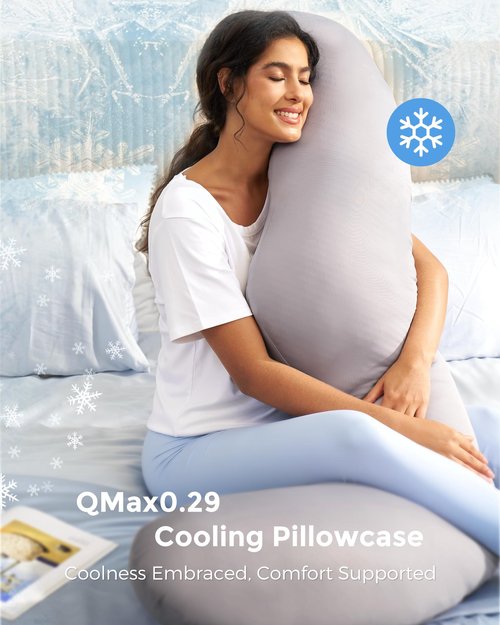 Momcozy Cooling Pregnancy Pillow,Original F Shaped Maternity Pillow for Pregnant Women with Adjustable Wedge Pillow, Full Body Support Pregnancy Pillows for Side Sleeping with Velvet Cover, Light Grey