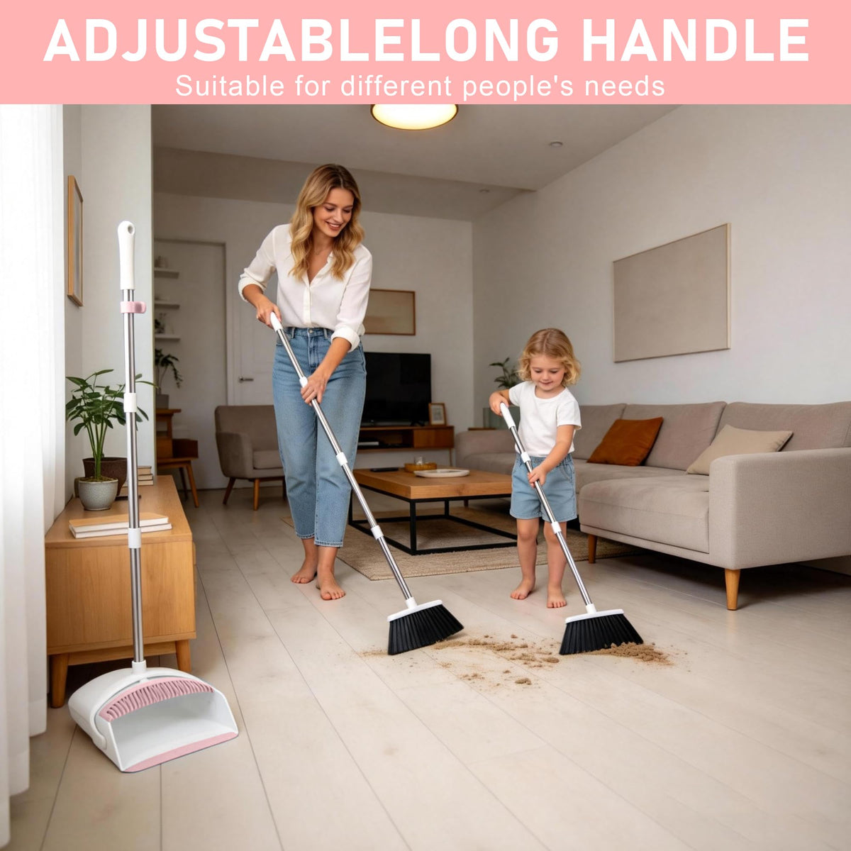 Broom with Dustpan Combo Set for Home 52-in Long Adjustable Handle Angle Broom and Dustpan Set with Dustpan Comb Teeth for Sweeping Pet Hair Food Dirt Kitchen