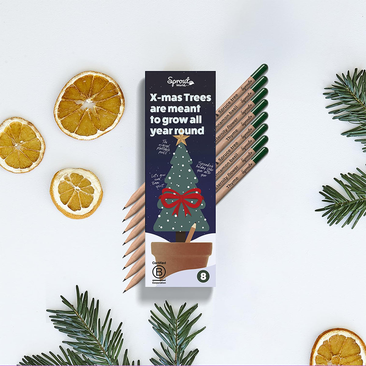 SproutWorld Plantable Pencils | Xmas Edition | Wood-Cased | Pre-Sharpened | HB Wooden Pencils with Assortment of Winter-Themed Seeds | Christmas Gift, Xmas Stocking Filler | 8 Pack