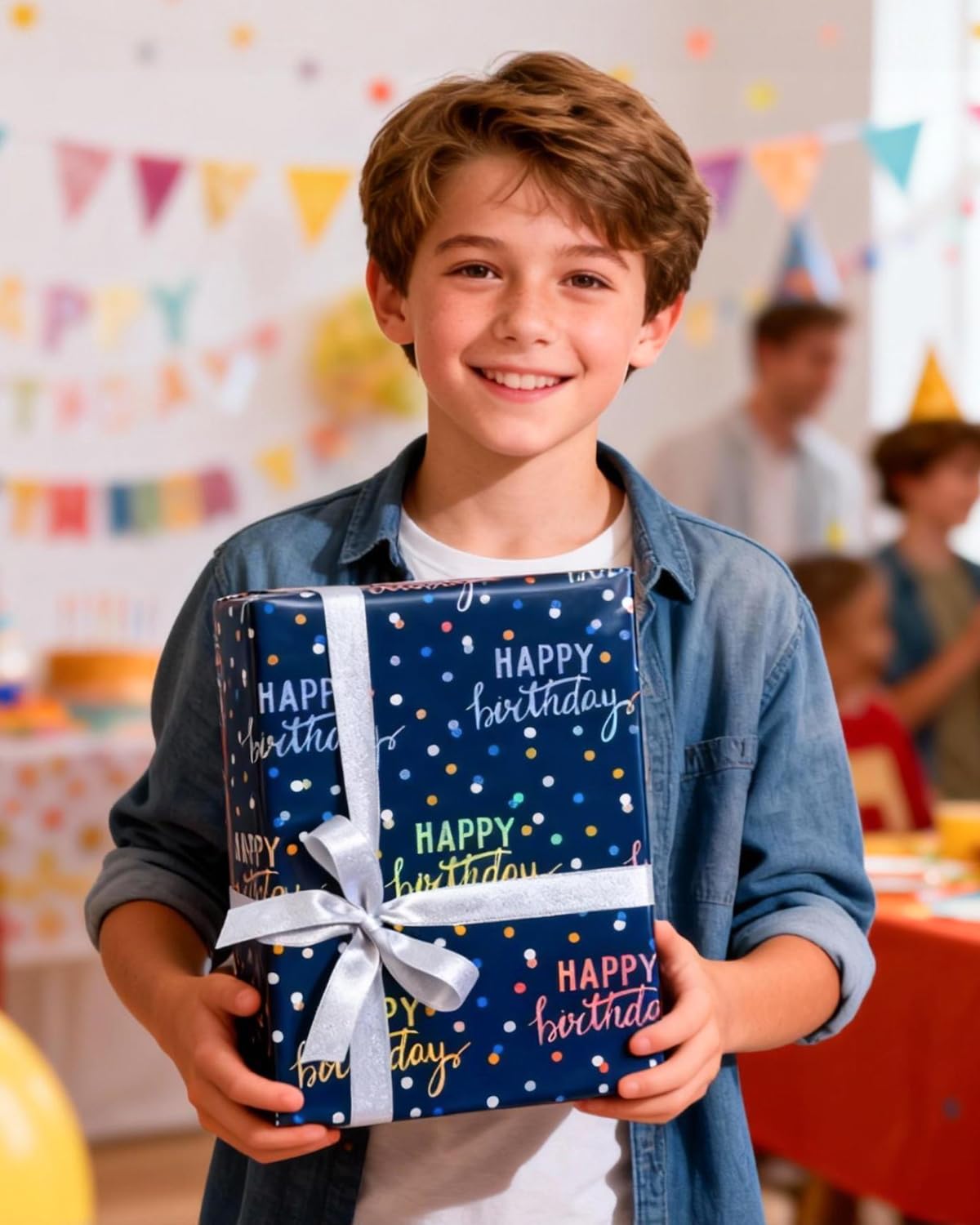 MAYPLUSS Birthday Wrapping Paper Roll, Blue Metallic Holographic Happy Birthday Wrapping Paper Featuring Revesible Stripe Gift Wrap Paper for Boys Kids Girls Men, 17 Inches x 33 Feet