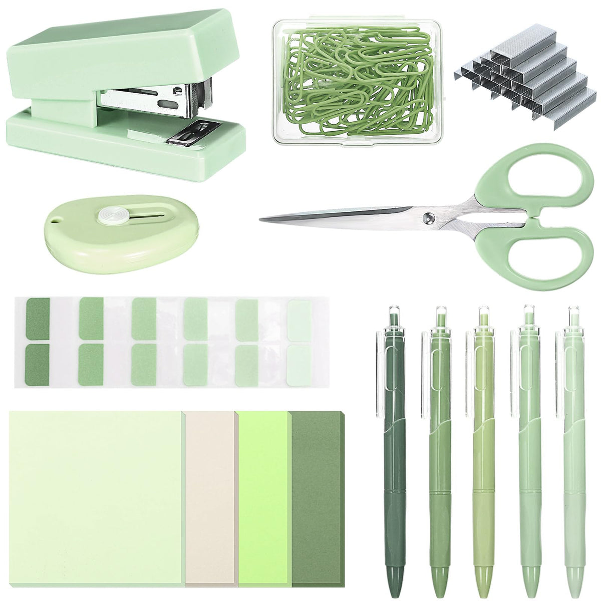 Humyoun Mini Green Office Supplies Kit Green School Supplies Christmas Gift Desk Accessories with Gel Pens Sticky Notes Stapler Scissor Paper Clips Index Tabs Box Cutter for Christmas Gifts Office