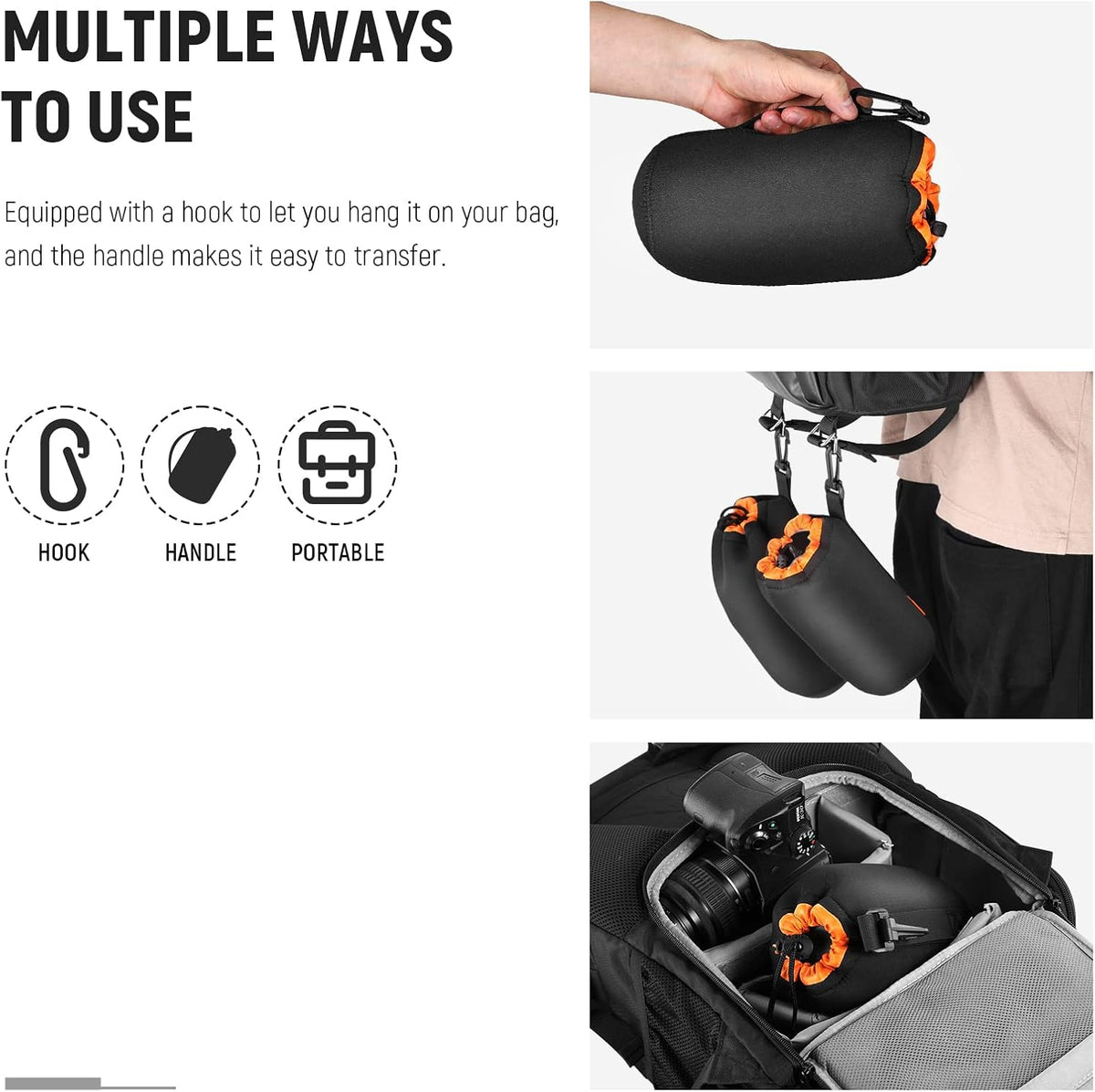 (4 Packs, 4 NEEWER Camera Lens Pouch Sizes) Thick Protective Bag with Drawstring Design, Orange Interior, Soft Plush