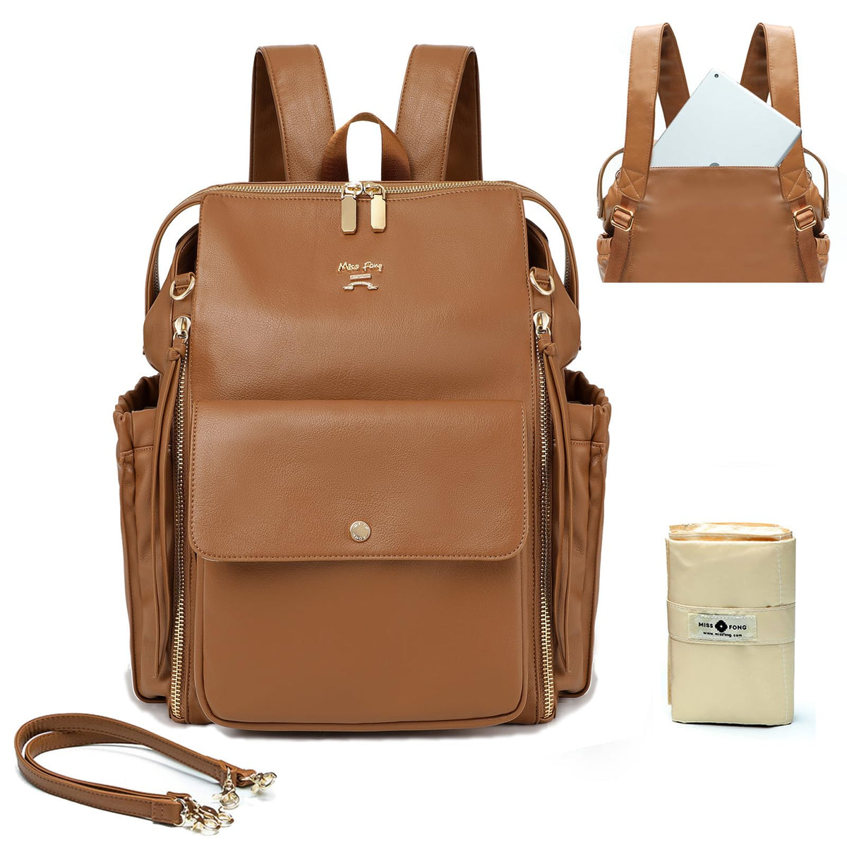 miss fong Diaper Bag Backpack Baby Diaper Bag for Girls and Boys, Leather Purse with 13 Pockets Diaper Bag Organizer,Changing Pad,Stroller Straps,4 Insulated Pockets