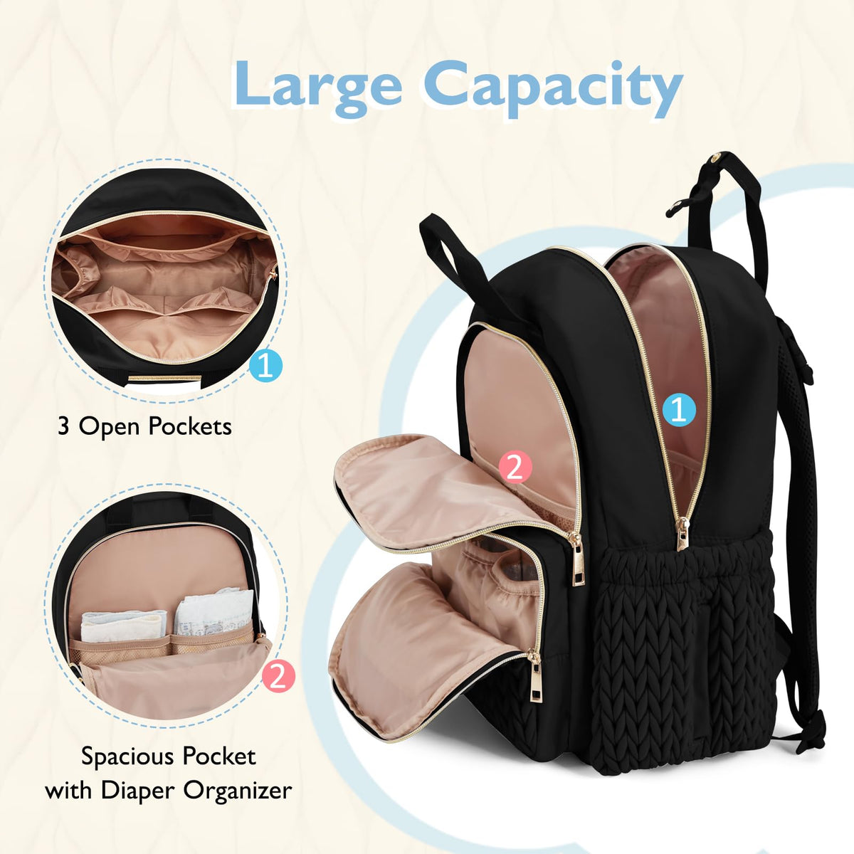 mommore Diaper Bag Backpack, Stylish Travel Baby Bag with Insulated Pockets, Changing Pad and Stroller Straps for Toddler (L-Brown Taupe, Large-27L)